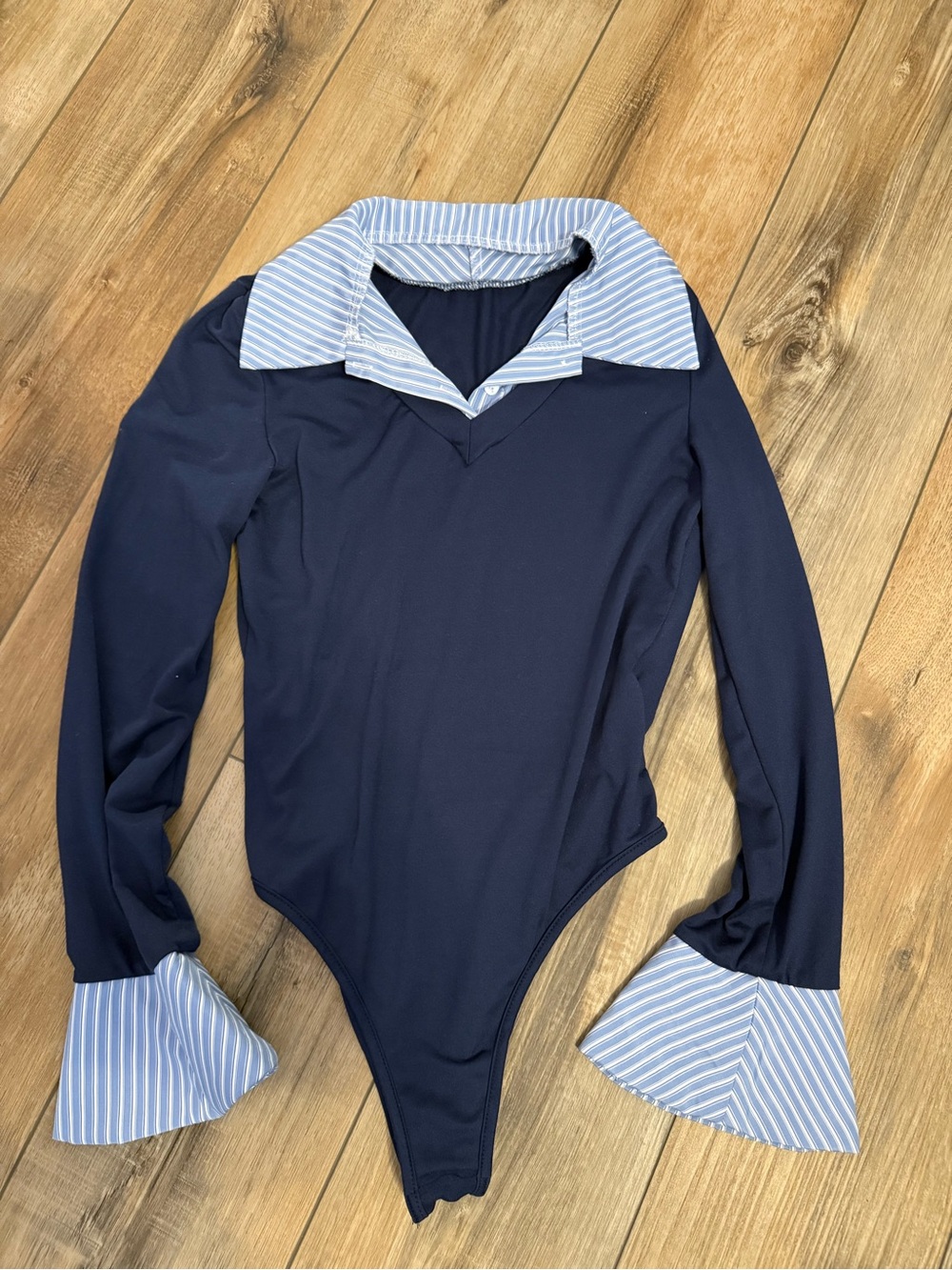 Navy Long Sleeve Bodysuit with Striped Collar & Cuffs